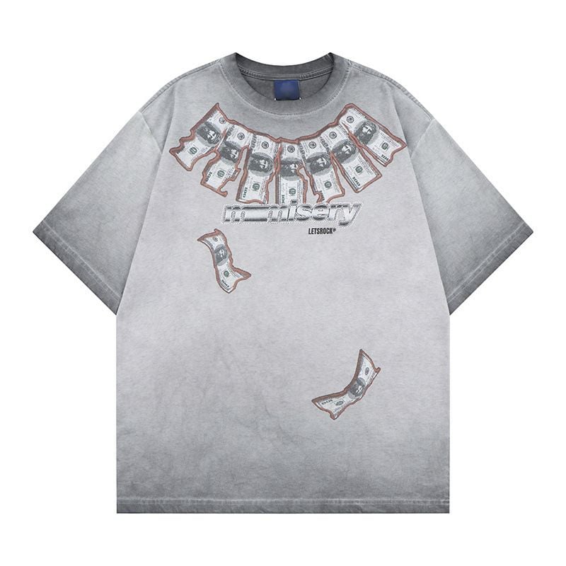 Creative printed gradient vintage rhinestone cotton T-shirt