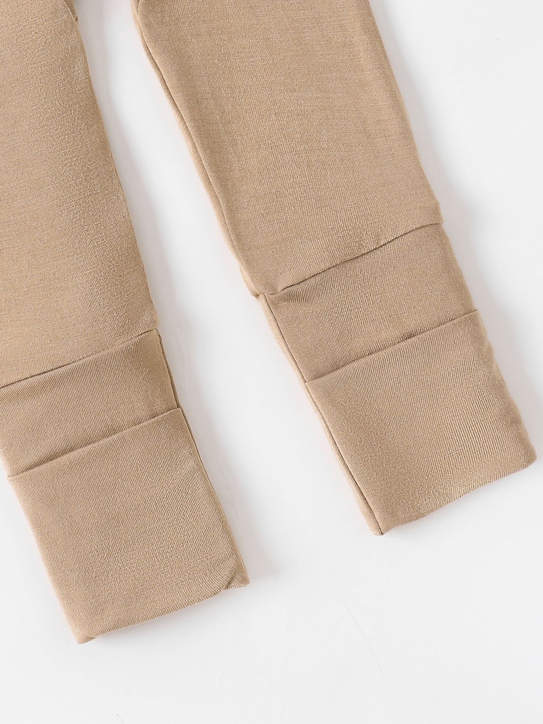 Bamboo Fiber Baby Khaki Solid Color Zipper Footed Onesie with Foldable Mittens