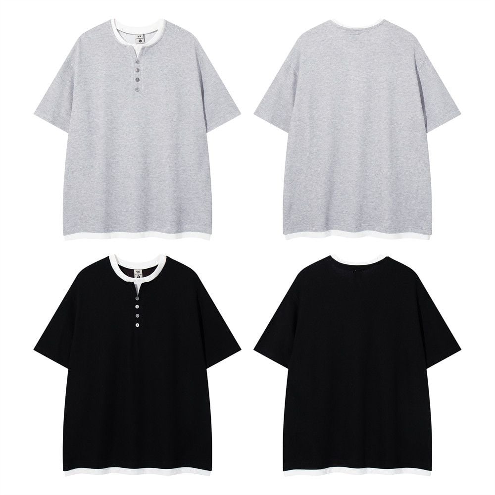 Men's color-blocked fake two-piece half-button crew neck short-sleeve T-shirt