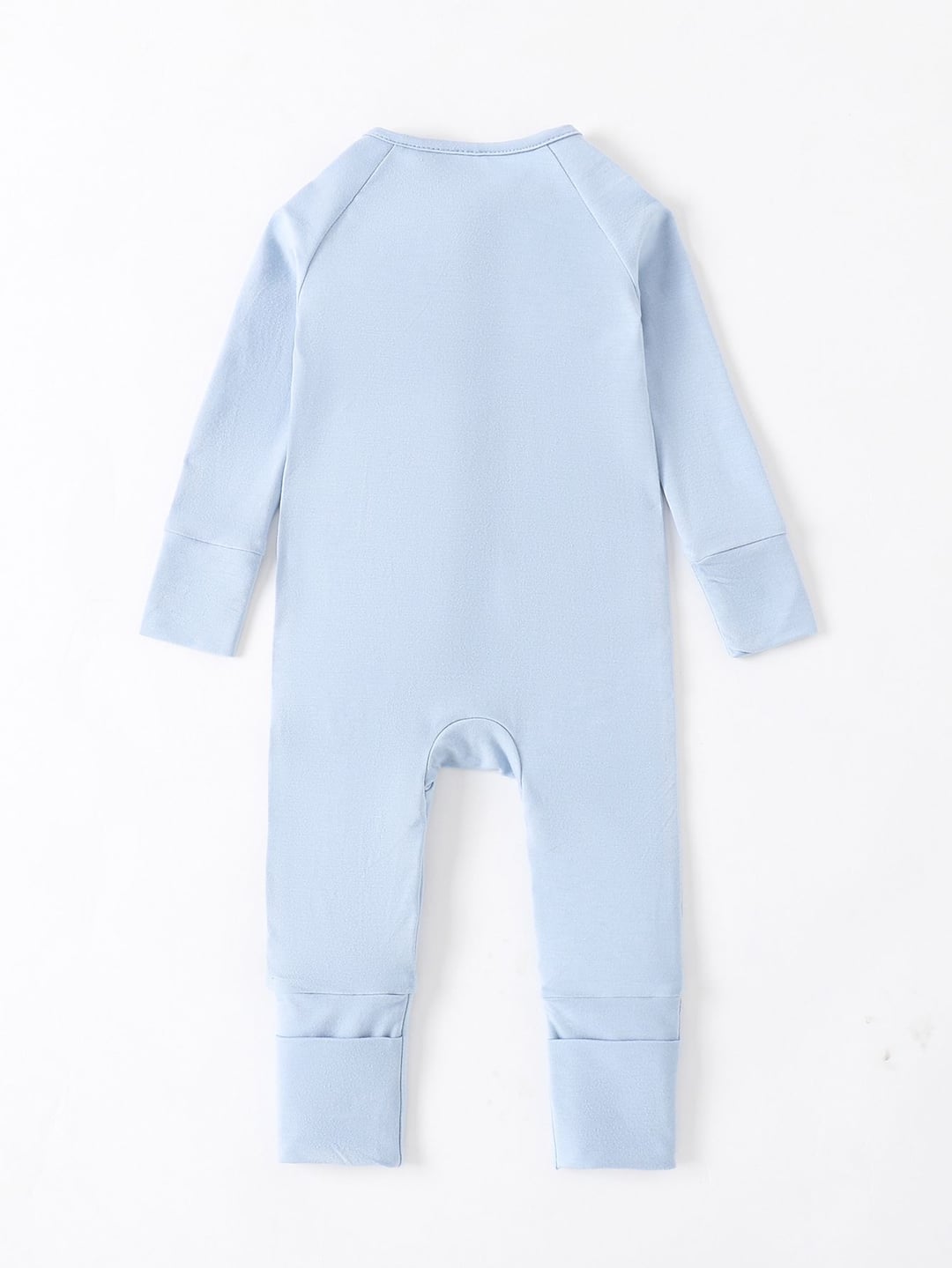Light Blue Solid Color Bamboo Fiber Baby Zip-up Romper with Fold-over Footies
