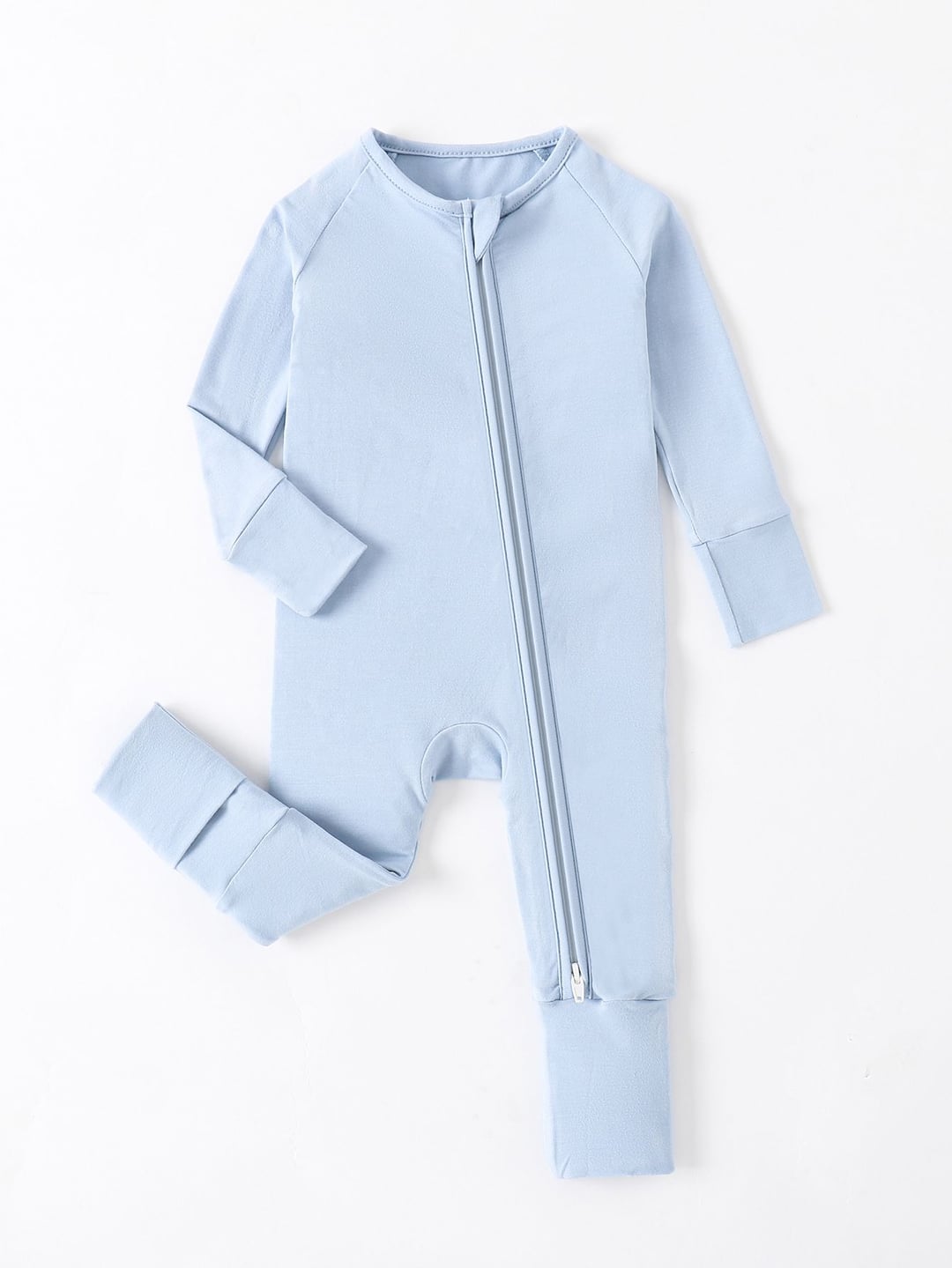 Light Blue Solid Color Bamboo Fiber Baby Zip-up Romper with Fold-over Footies