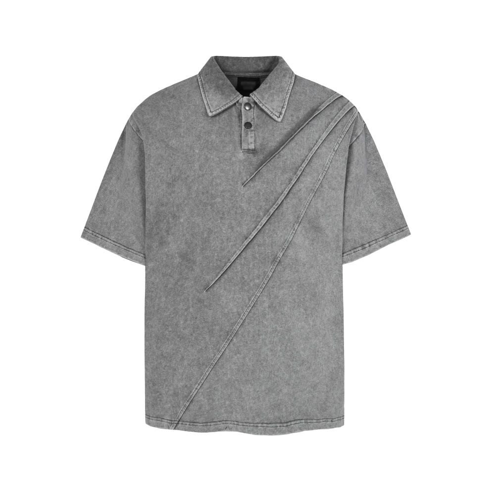 Men's Heavyweight Washed Vintage Collared Short Sleeve T-Shirt, Irregular Layered Design