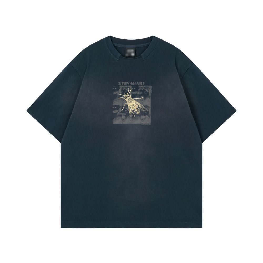 Portrait Print Short Sleeve T-shirt, Loose Top with Spray Paint Dirty Washed Finish