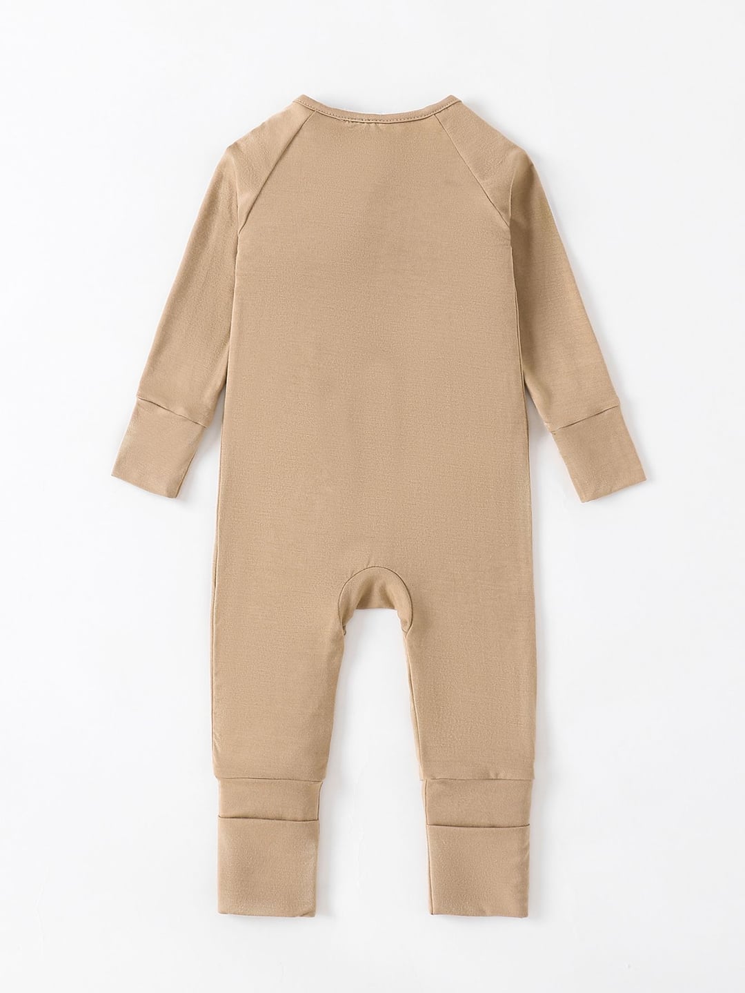 Bamboo Fiber Baby Khaki Solid Color Zipper Footed Onesie with Foldable Mittens