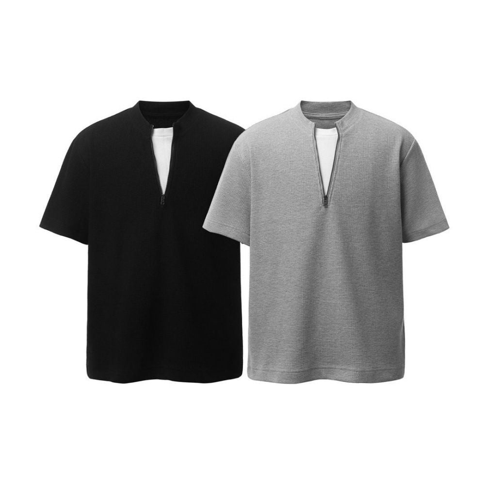 European and American trendy color-block crew neck half-zip waffle casual top