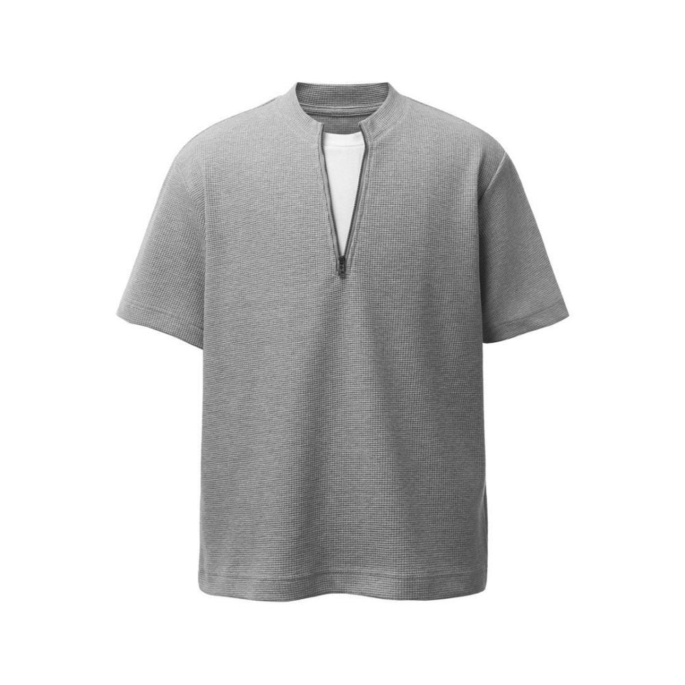 European and American trendy color-block crew neck half-zip waffle casual top