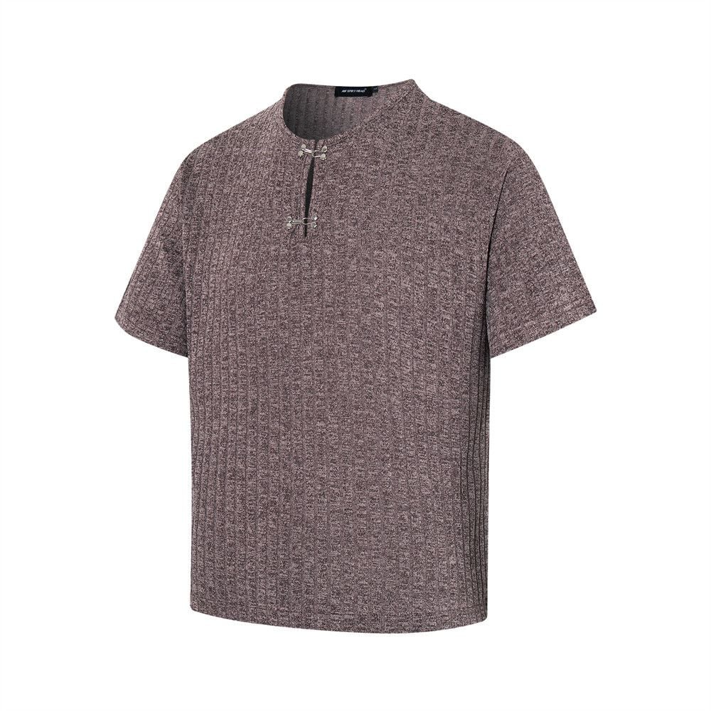 Men's loose crew neck T-shirt with half placket and metal button design