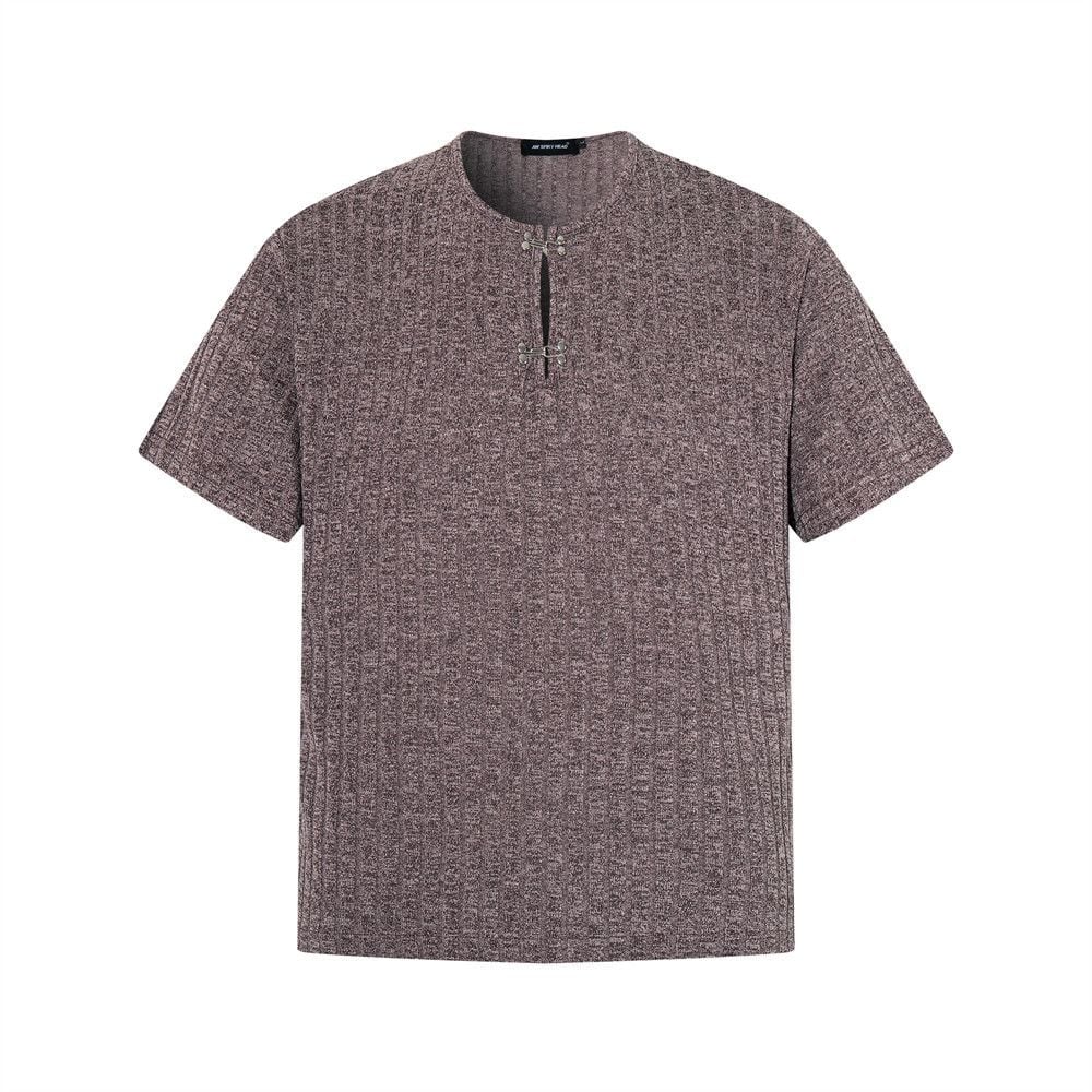 Men's loose crew neck T-shirt with half placket and metal button design