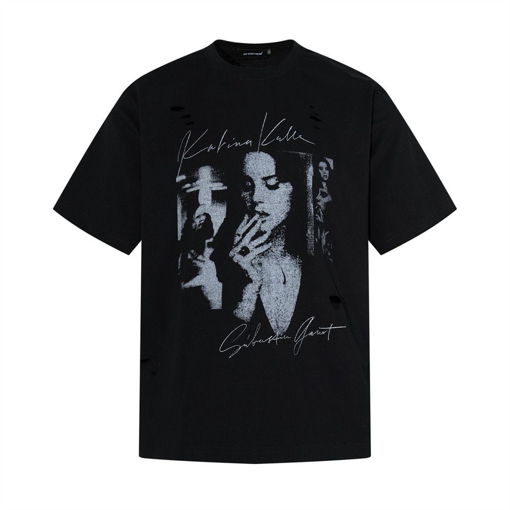 Men's vintage punk washed cotton printed short-sleeve T-shirt for summer