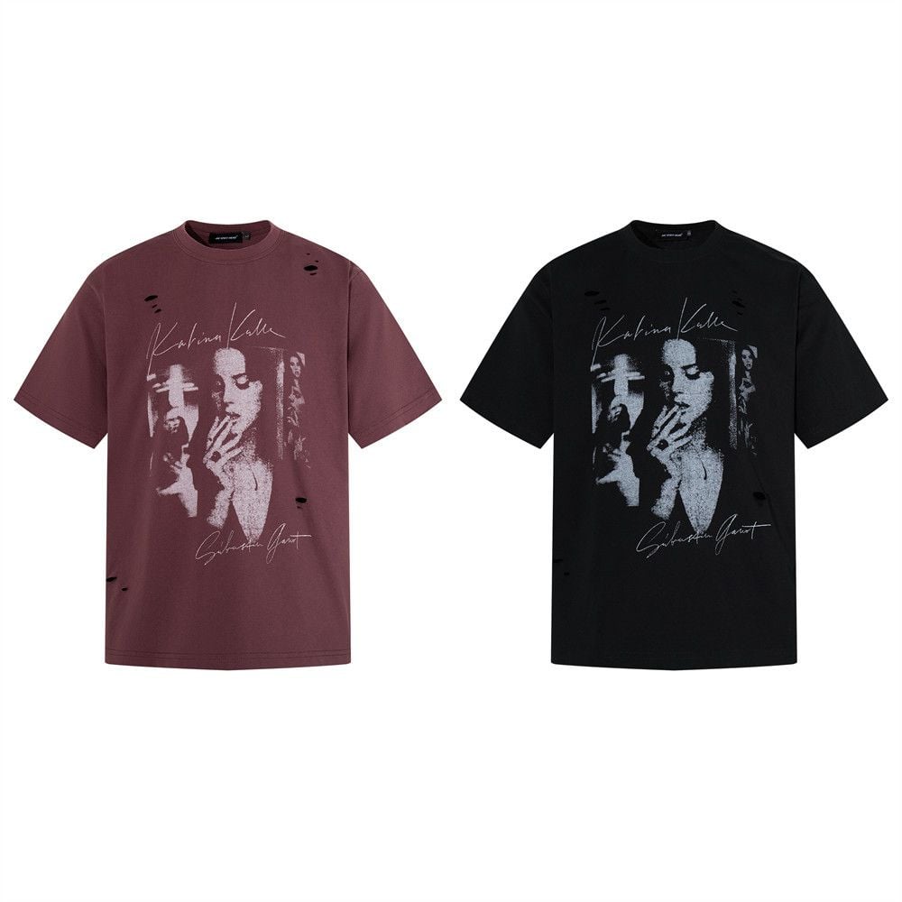 Men's vintage punk washed cotton printed short-sleeve T-shirt for summer