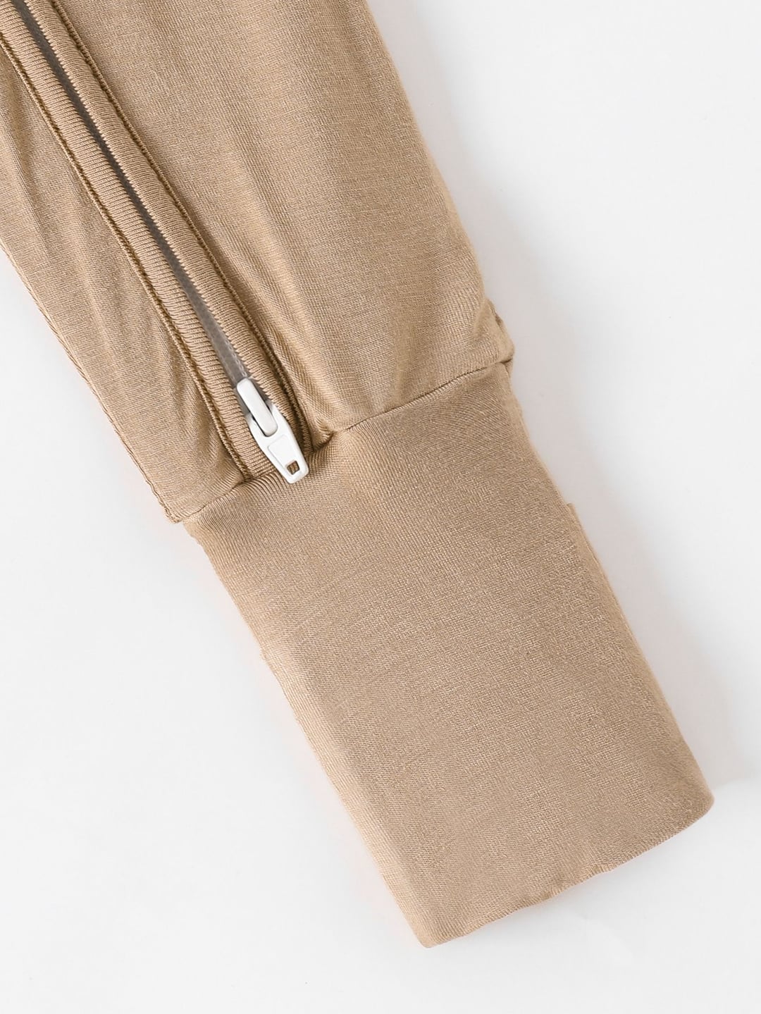 Bamboo Fiber Baby Khaki Solid Color Zipper Footed Onesie with Foldable Mittens