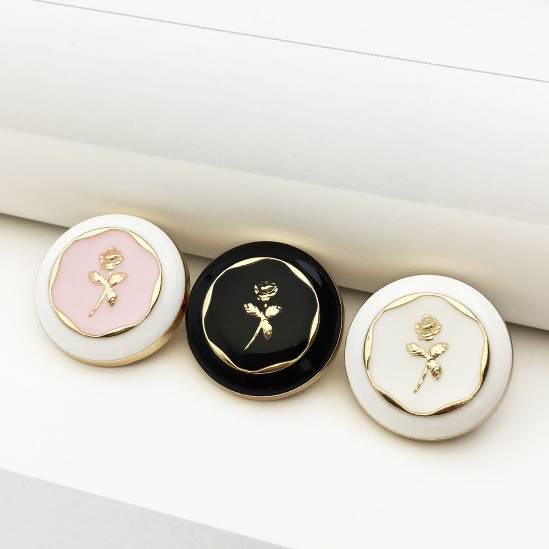 Vintage black & white rose enamel metal button