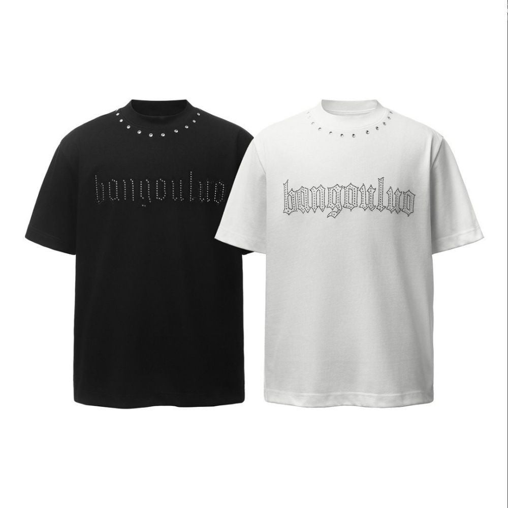 Men's summer loose short-sleeve T-shirt with rhinestone letter print
