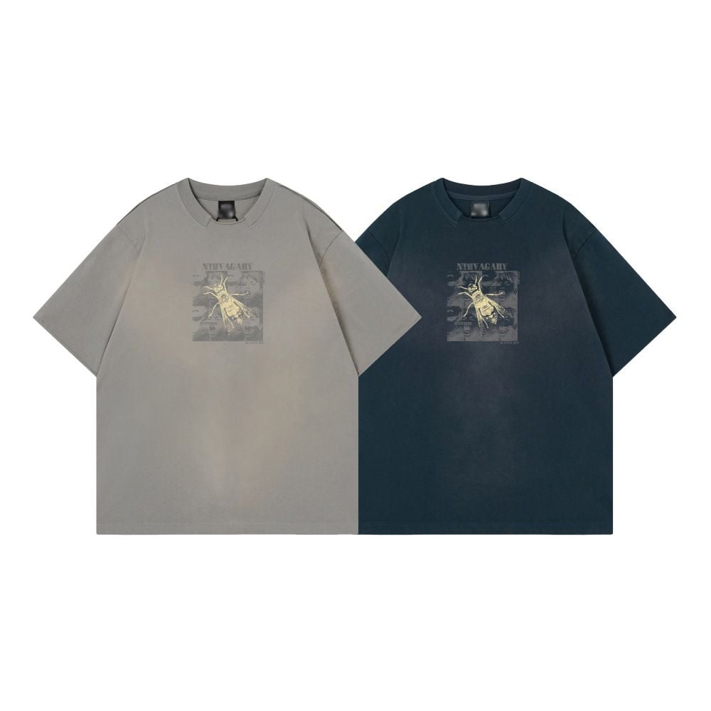 Portrait Print Short Sleeve T-shirt, Loose Top with Spray Paint Dirty Washed Finish