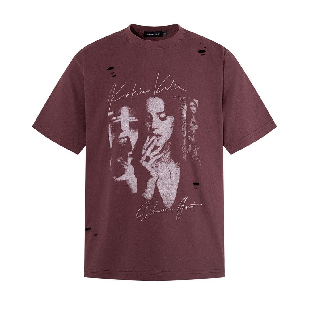 Men's vintage punk washed cotton printed short-sleeve T-shirt for summer