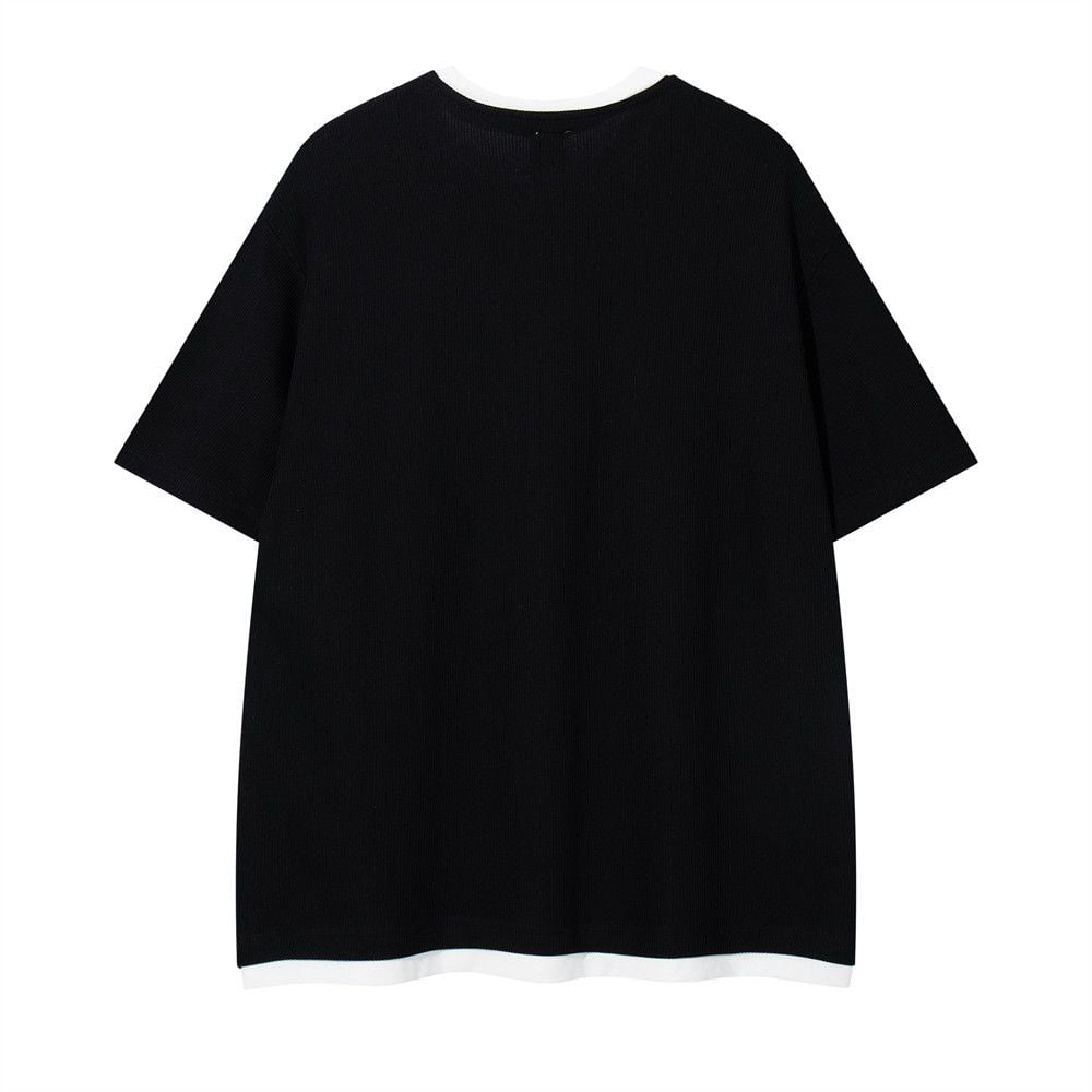 Men's color-blocked fake two-piece half-button crew neck short-sleeve T-shirt