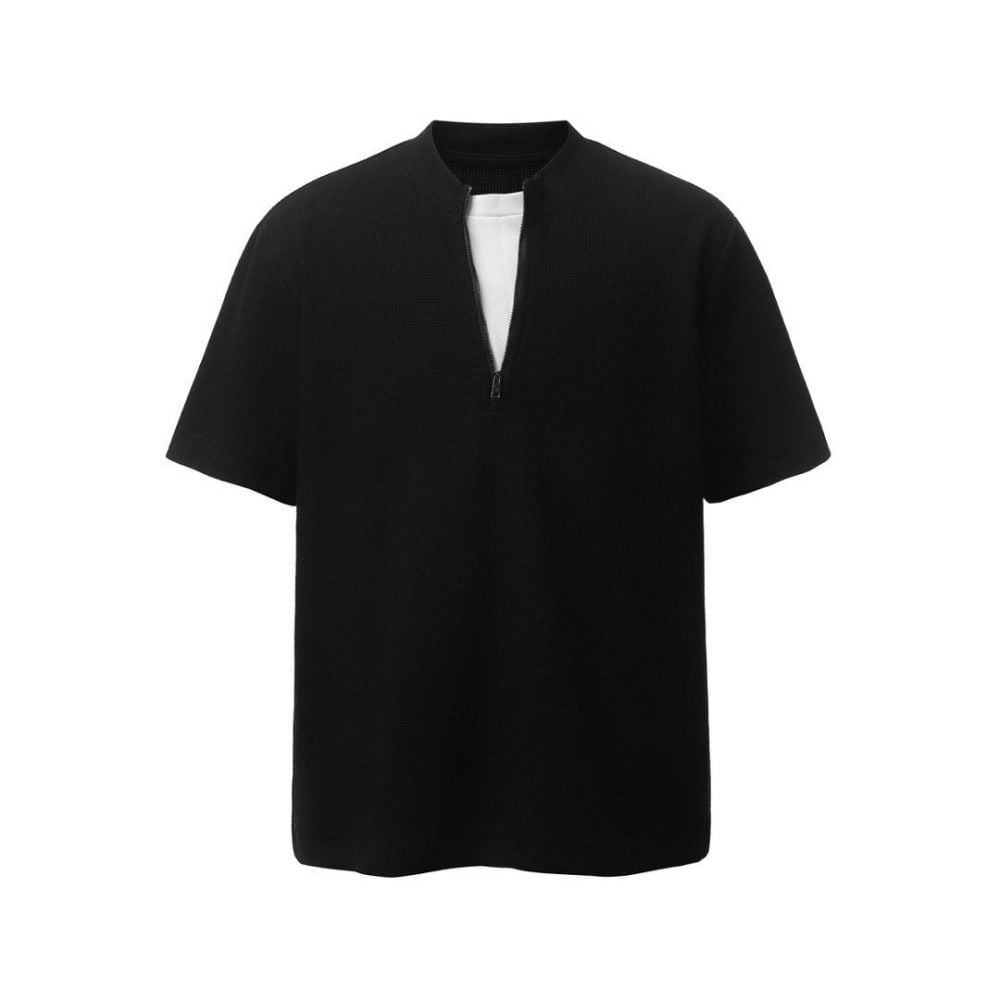 European and American trendy color-block crew neck half-zip waffle casual top