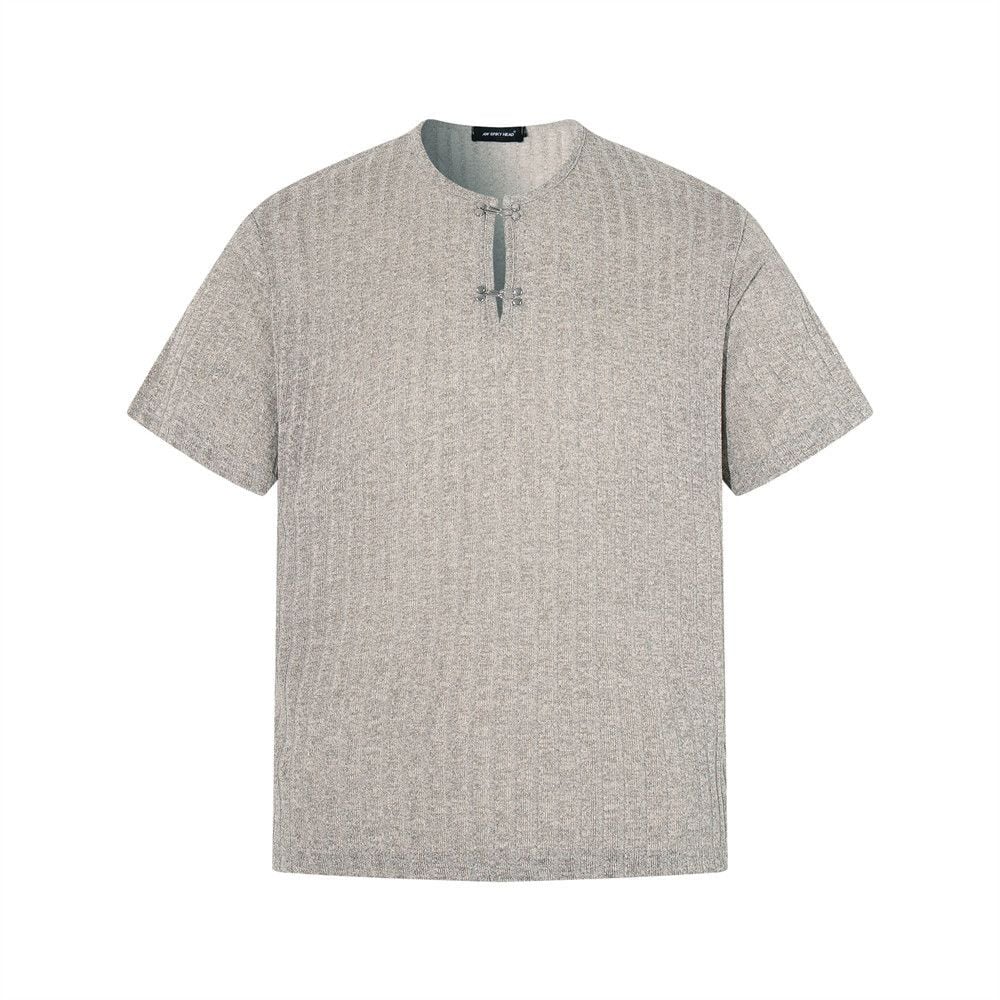 Men's loose crew neck T-shirt with half placket and metal button design