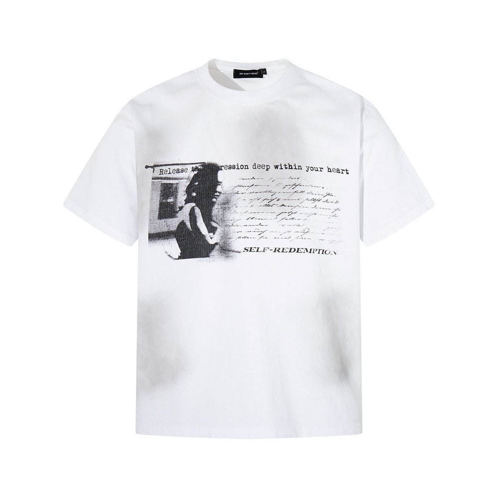 Men’s Vintage Ins Trendy Distressed Portrait Print Short Sleeve T-Shirt