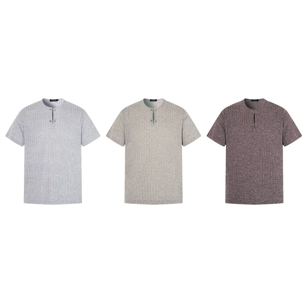 Men's loose crew neck T-shirt with half placket and metal button design