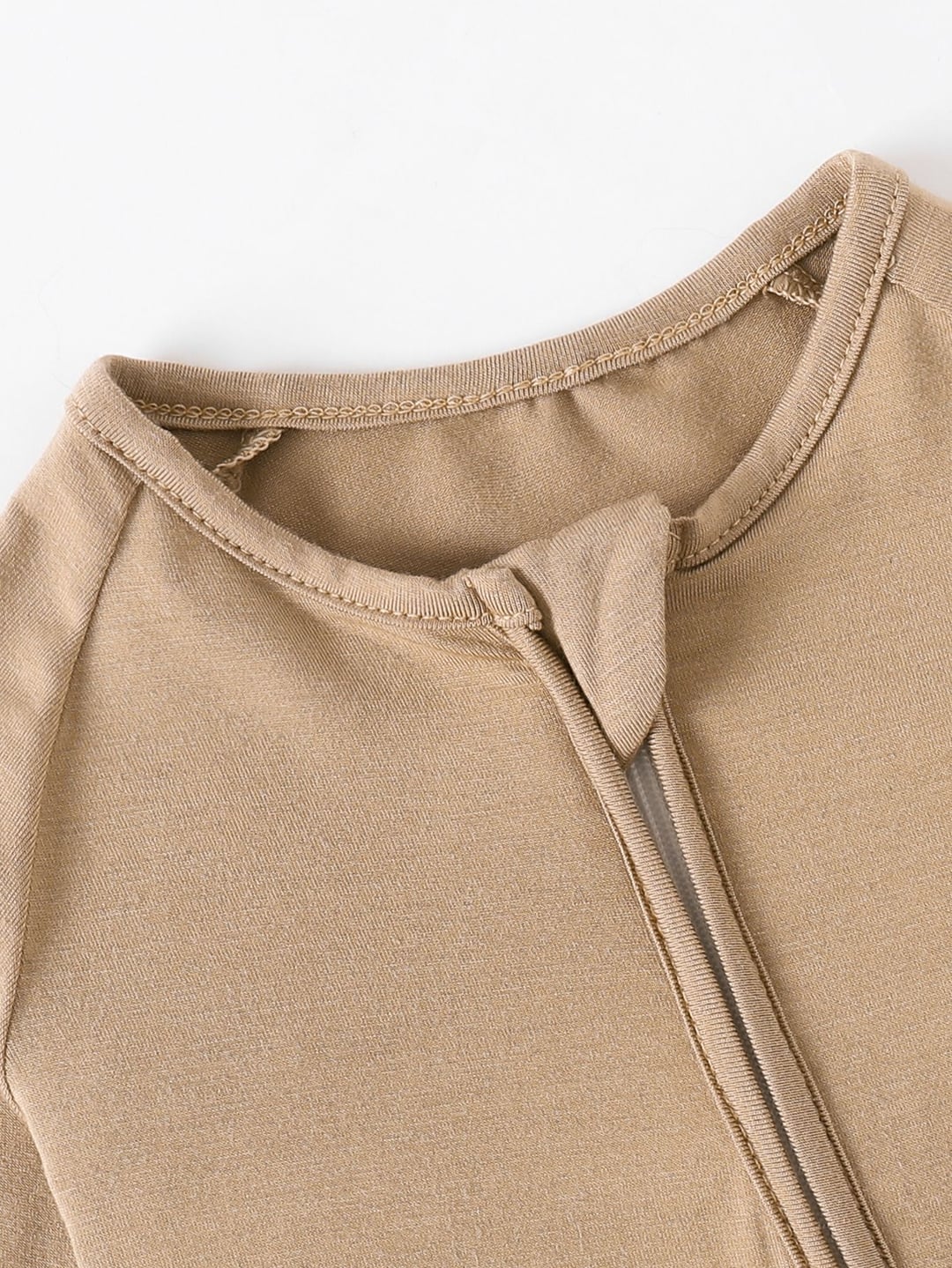 Bamboo Fiber Baby Khaki Solid Color Zipper Footed Onesie with Foldable Mittens