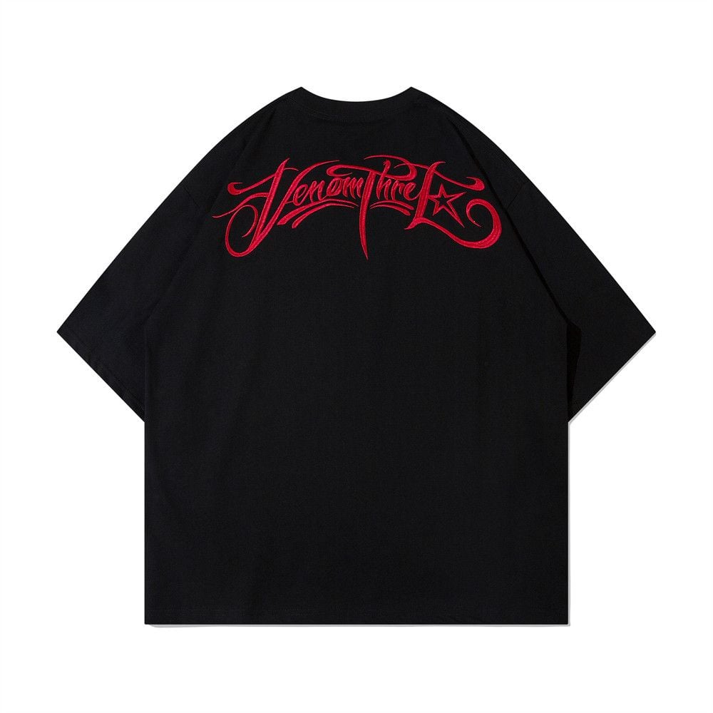 Men's trendy art letter embroidery short-sleeve T-shirt, European & American INS style