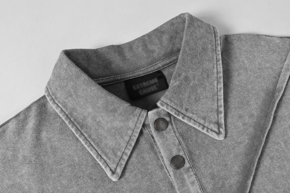 Men's Heavyweight Washed Vintage Collared Short Sleeve T-Shirt, Irregular Layered Design