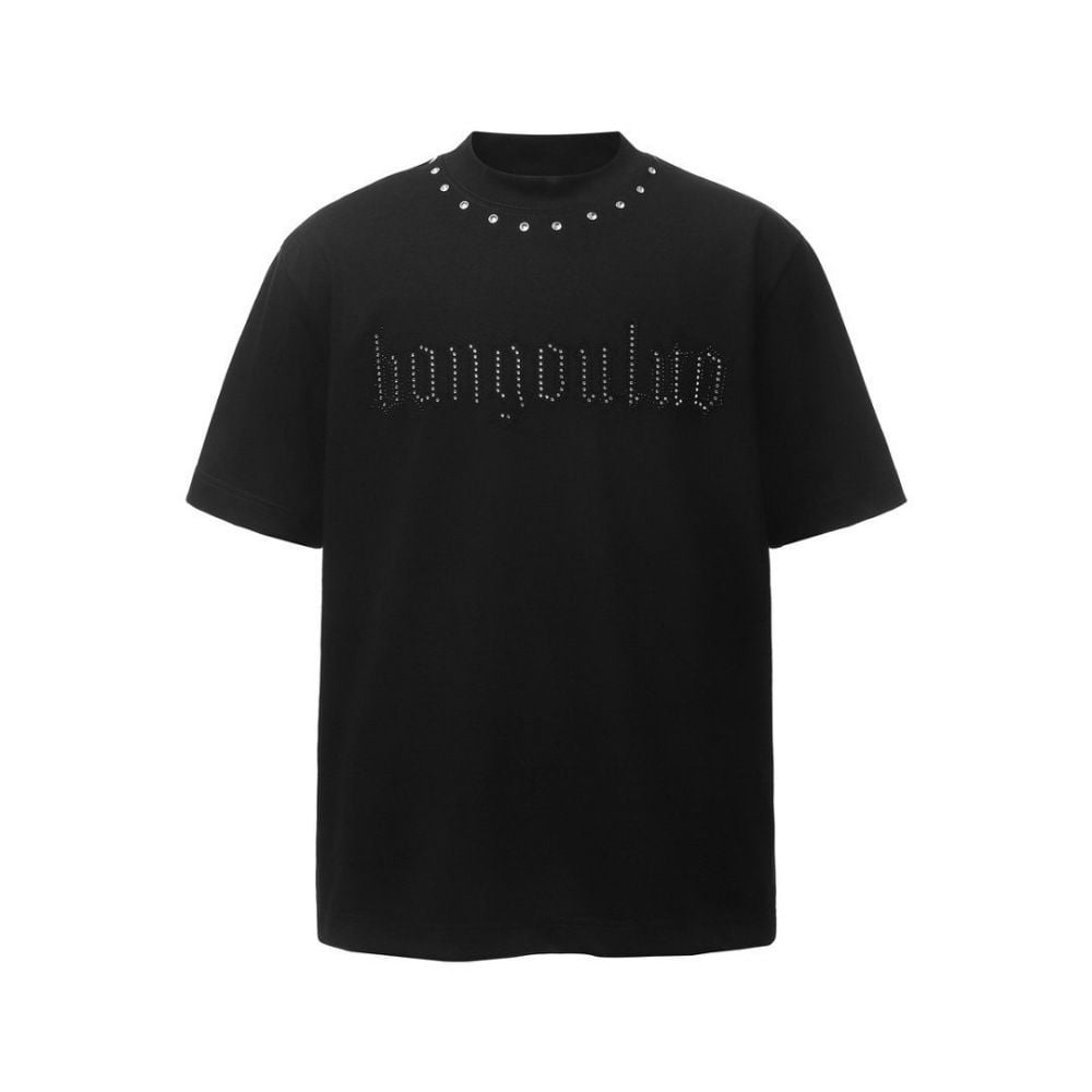 Men's summer loose short-sleeve T-shirt with rhinestone letter print