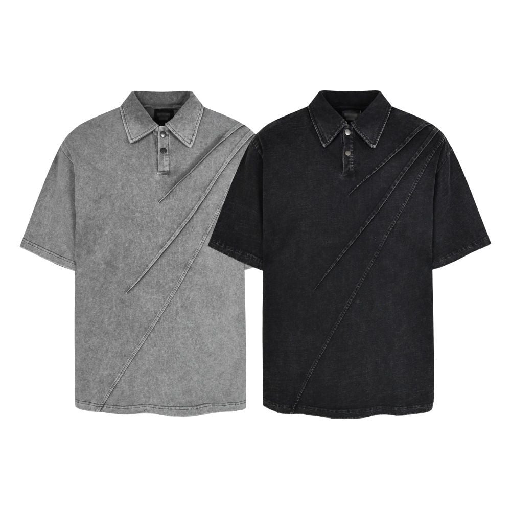 Men's Heavyweight Washed Vintage Collared Short Sleeve T-Shirt, Irregular Layered Design