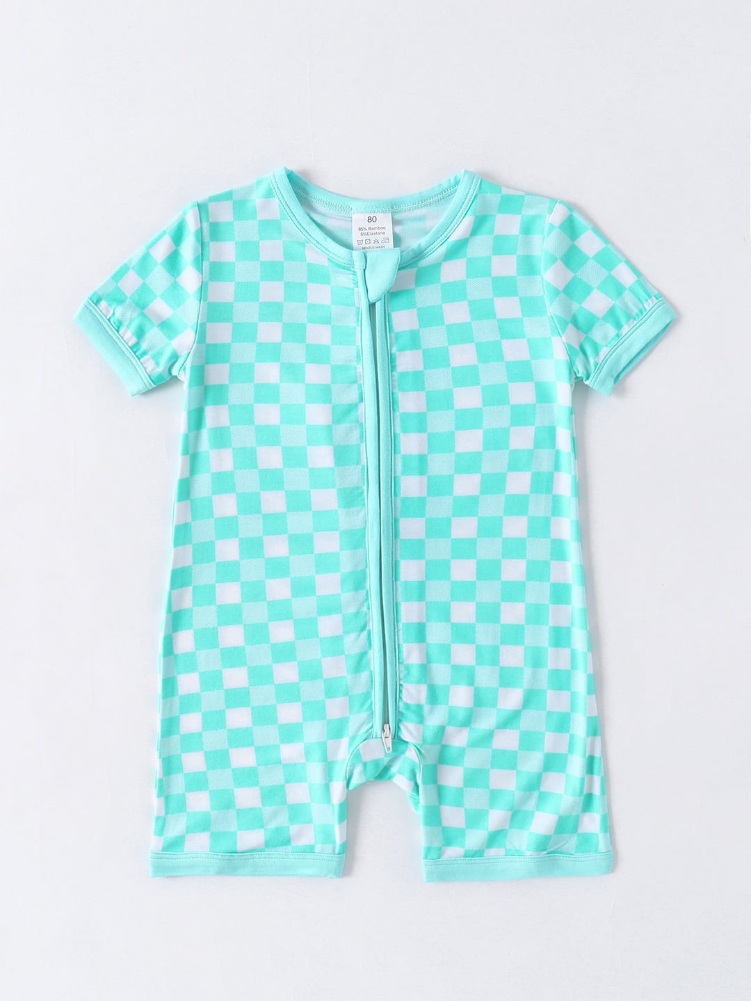 Summer Bamboo Fiber Green Plaid Double Zipper Romper