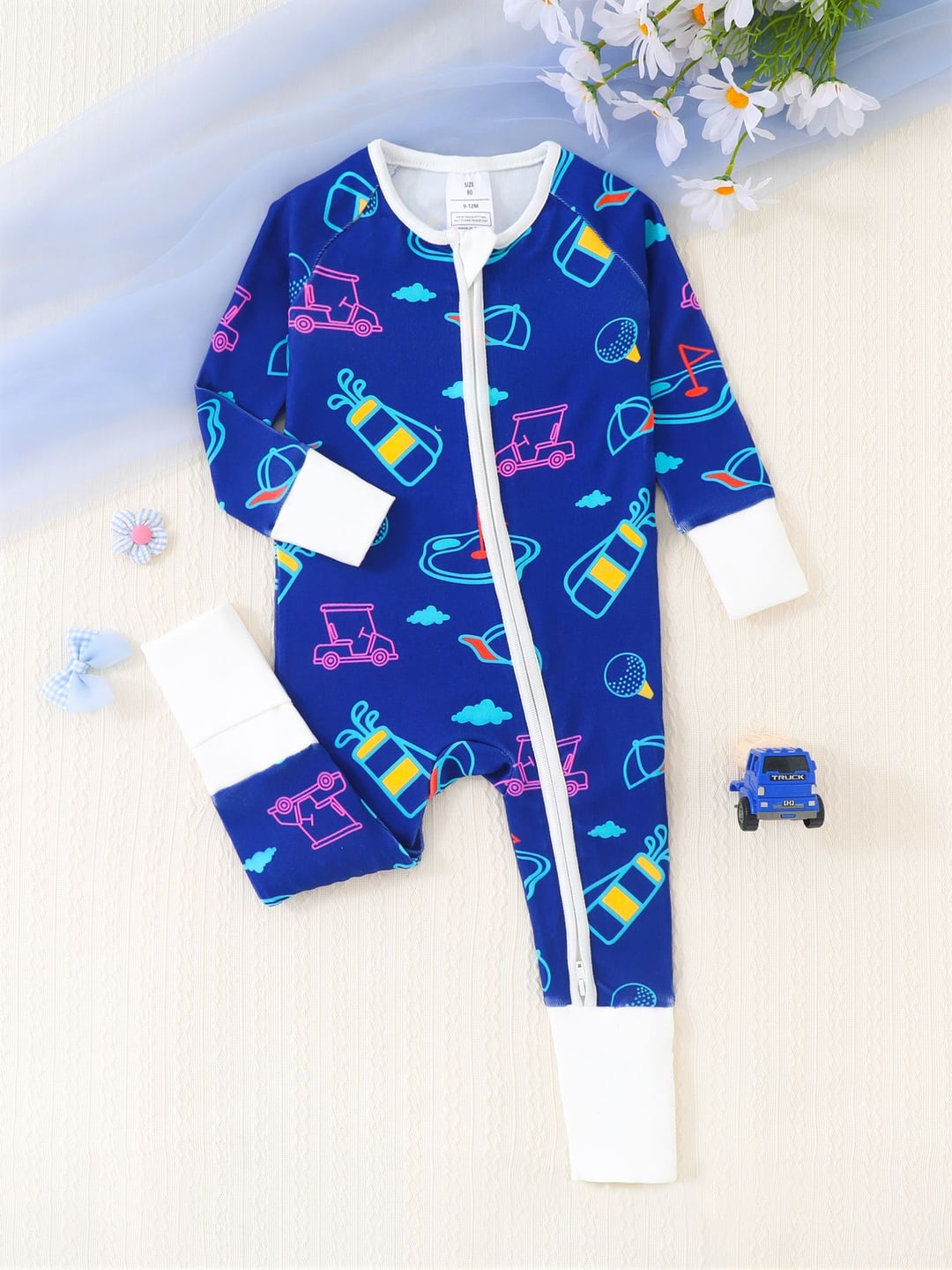 Bamboo Baby Romper Colorful Golf Print Zipper Foldable Footed
