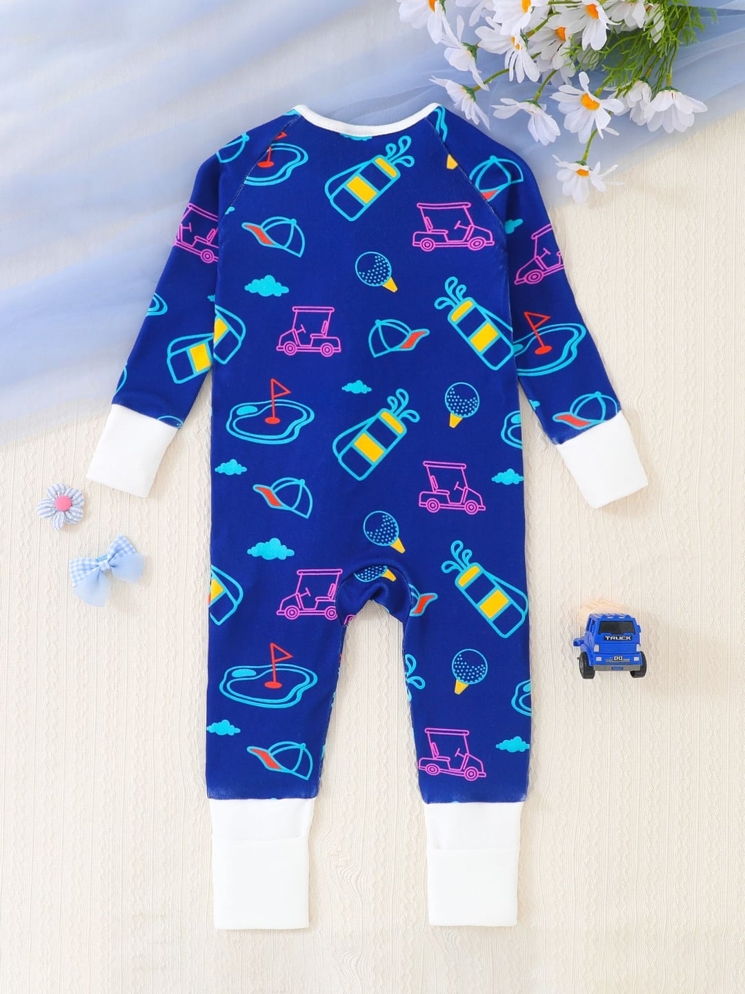 Bamboo Baby Romper Colorful Golf Print Zipper Foldable Footed