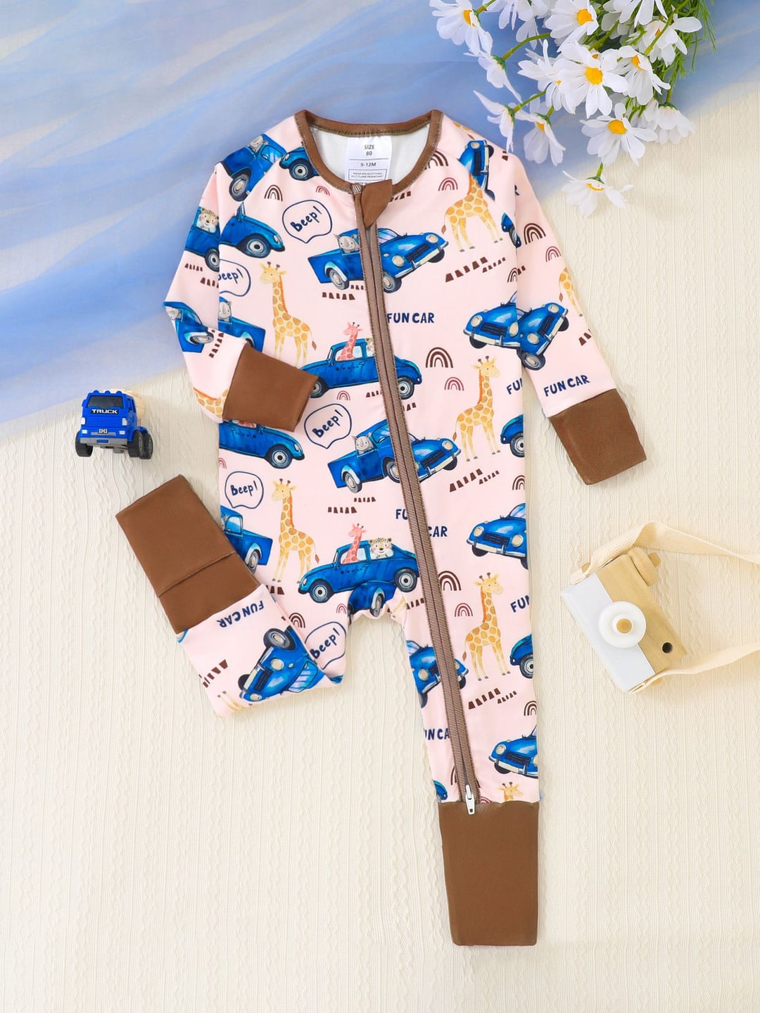 Bamboo Baby Romper Giraffe Car Digital Print Zipper Foldable Footed
