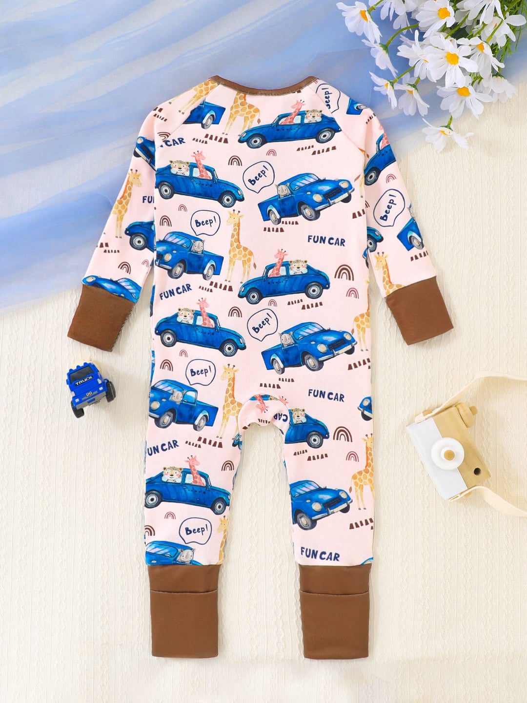 Bamboo Baby Romper Giraffe Car Digital Print Zipper Foldable Footed