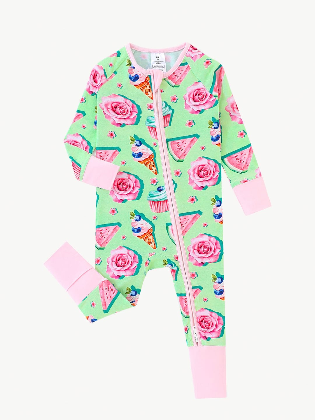 Bamboo Baby Romper Ice Cream Watermelon Rose Print Zipper Foldable Footed