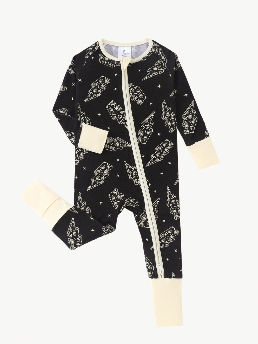 Bamboo Baby Romper Lightning Skull Print Zipper Onesie With Foldable Footed Cuffs