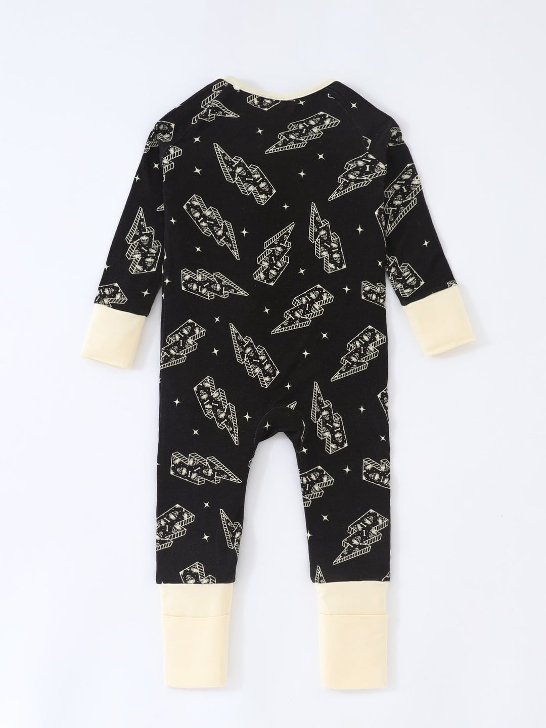 Bamboo Baby Romper Lightning Skull Print Zipper Onesie With Foldable Footed Cuffs