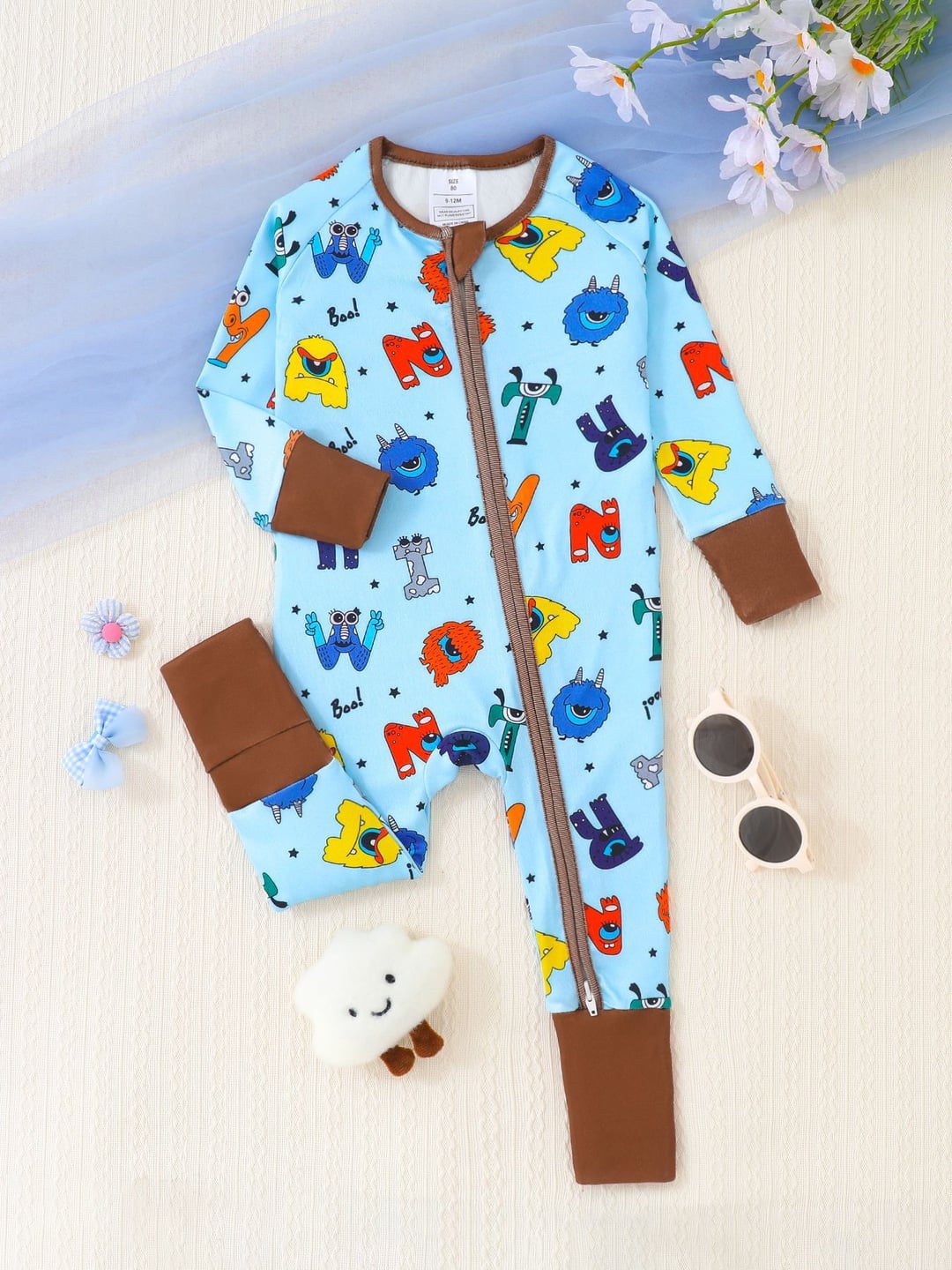 Bamboo Baby Romper Monster Letter Print Zipper Foldable Footed