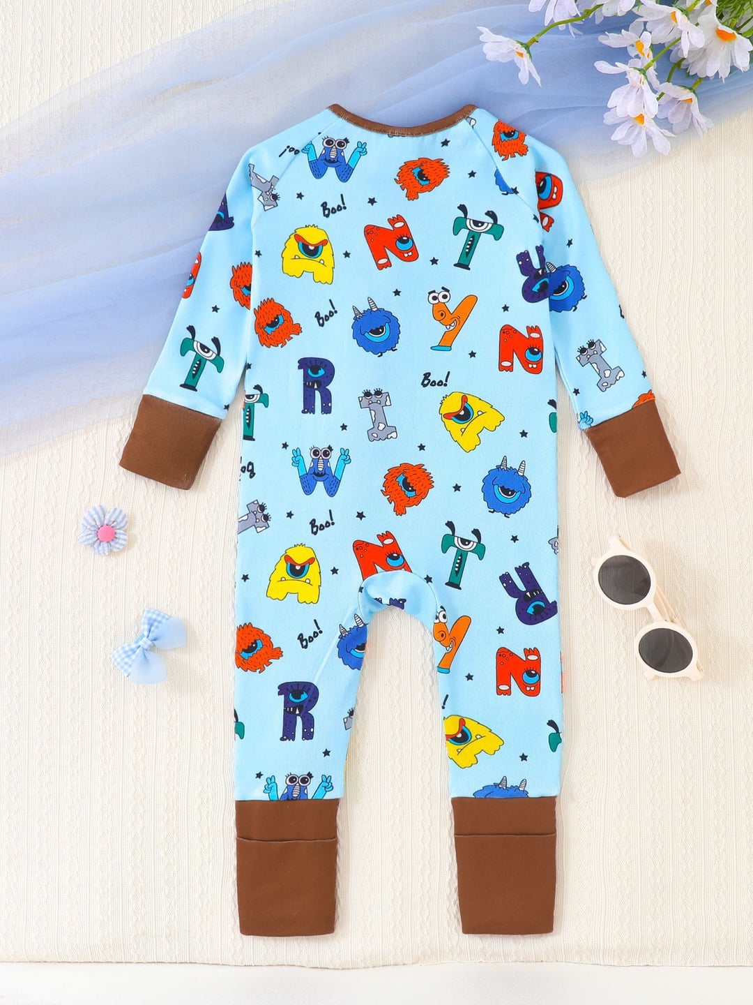 Bamboo Baby Romper Monster Letter Print Zipper Foldable Footed