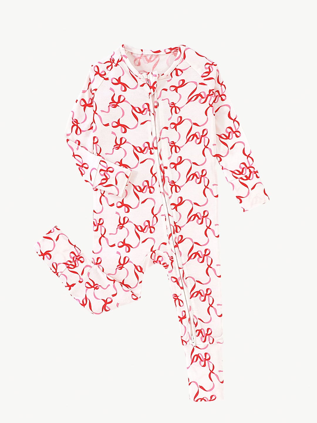 Bamboo Baby Romper Red Bow Print Zipper Foldable Footed