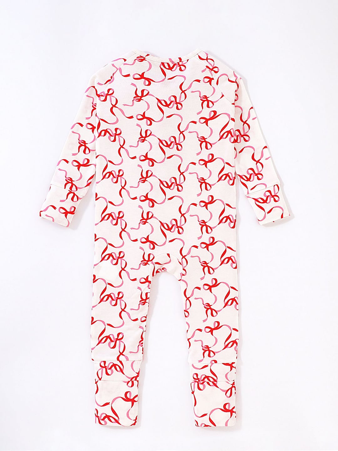Bamboo Baby Romper Red Bow Print Zipper Foldable Footed