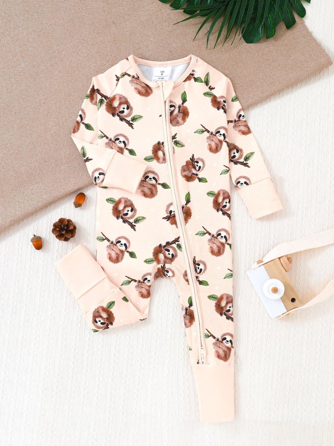 Bamboo Baby Romper Sloth Print Zipper Foldable Footed