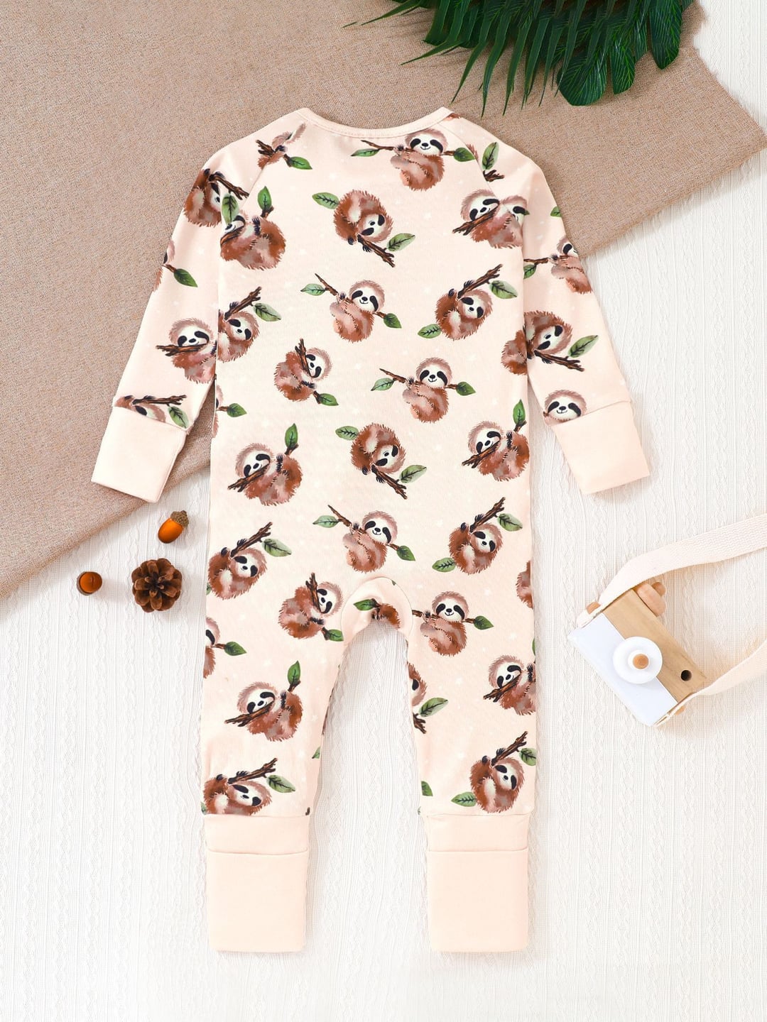 Bamboo Baby Romper Sloth Print Zipper Foldable Footed
