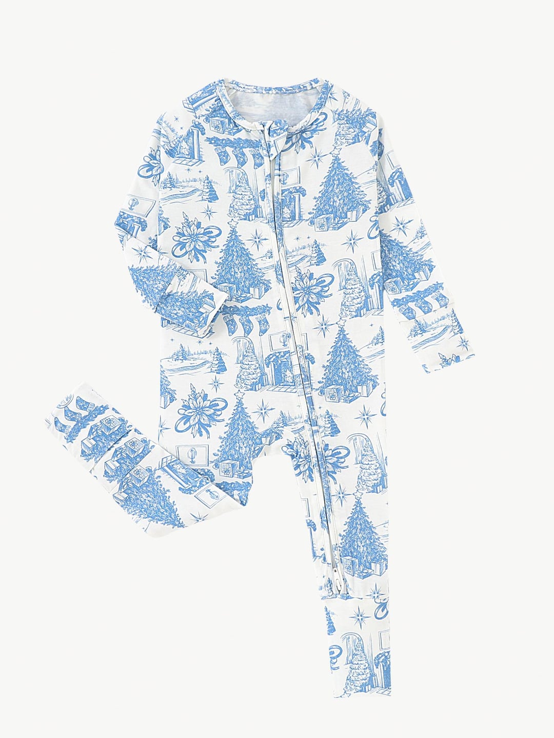 Custom Bamboo Baby Blue Line Christmas Tree Digital Print Long Sleeve Romper Foldable Footed