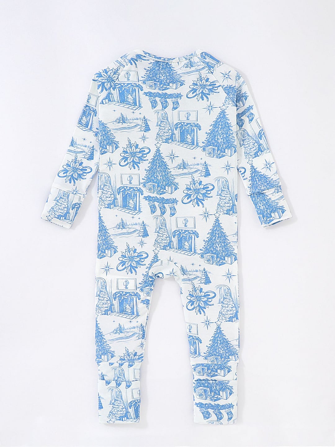 Custom Bamboo Baby Blue Line Christmas Tree Digital Print Long Sleeve Romper Foldable Footed
