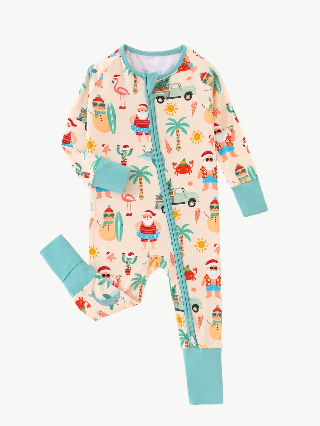 Custom Bamboo Baby Christmas Beach Santa Digital Print Long Sleeve Romper Foldable Footed