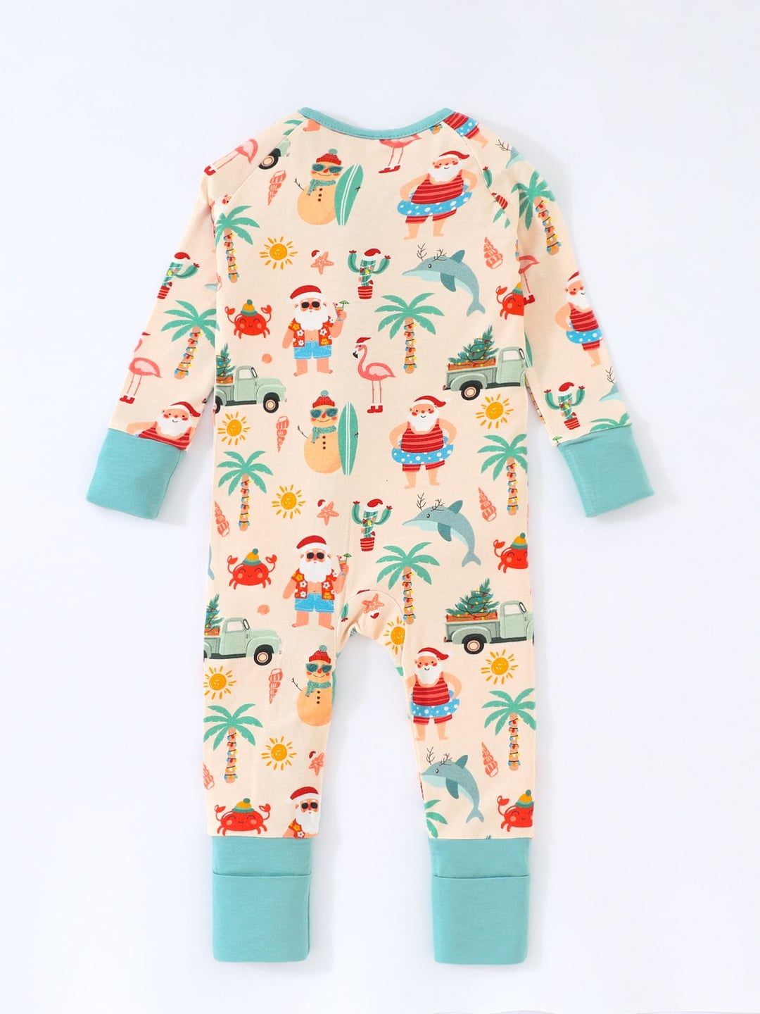 Custom Bamboo Baby Christmas Beach Santa Digital Print Long Sleeve Romper Foldable Footed