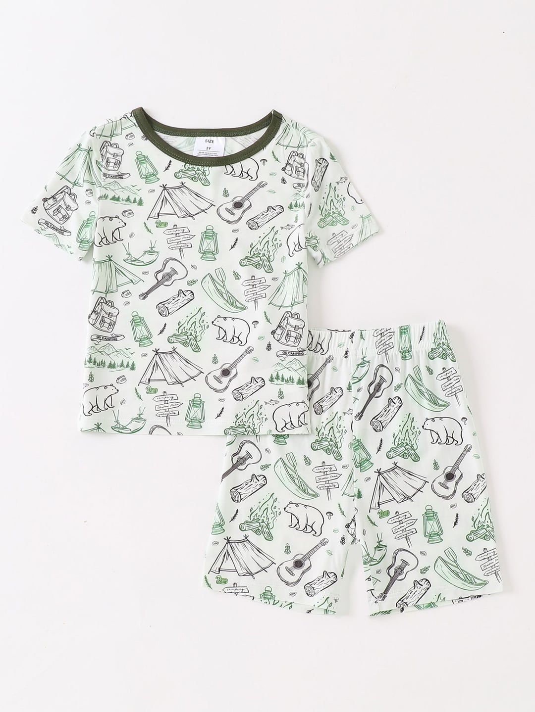 Custom Bamboo Kids 2Pcs Brown Bear Guitar Print Summer Short Set