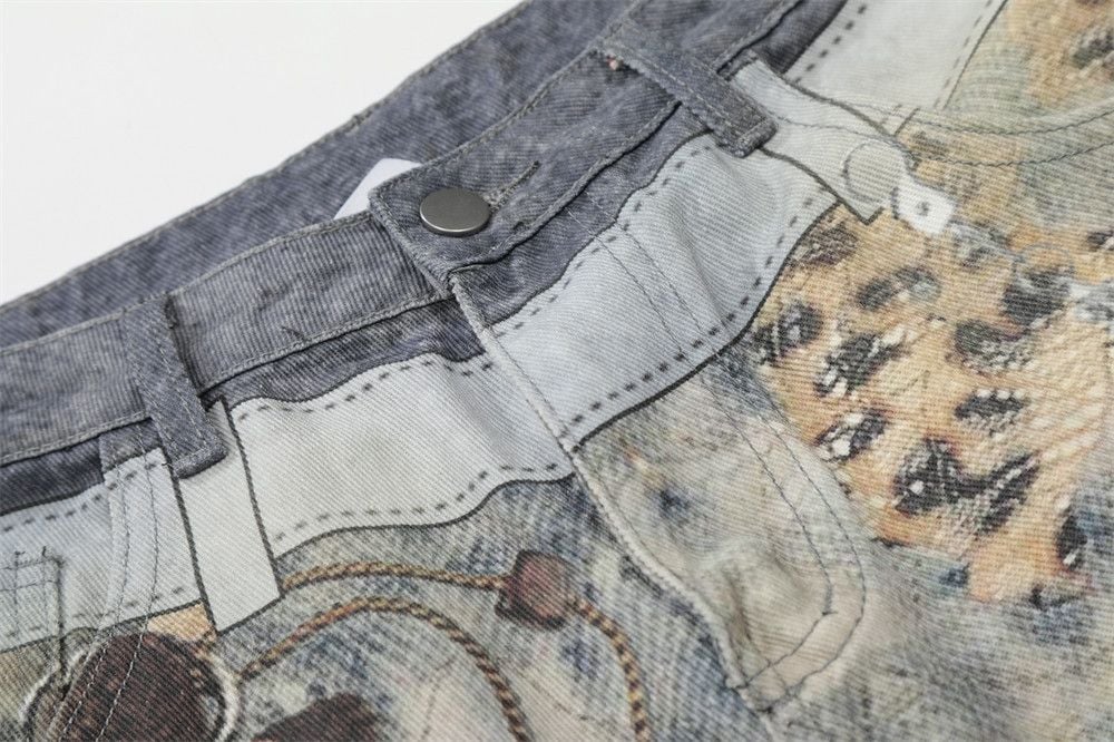 Men’s Niche Hip‑Hop Denim 5‑Inch Shorts, Fake Two‑Piece Look With Digital Print, Loose Straight‑Leg Trendy Streetwear Shorts For Summer