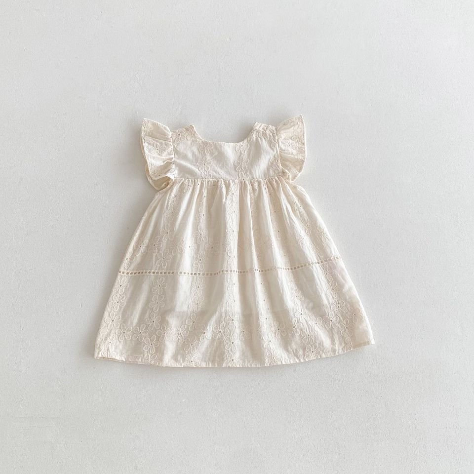 Girls Korean Princess Dress, Lace Embroidery Flutter Sleeve Dress